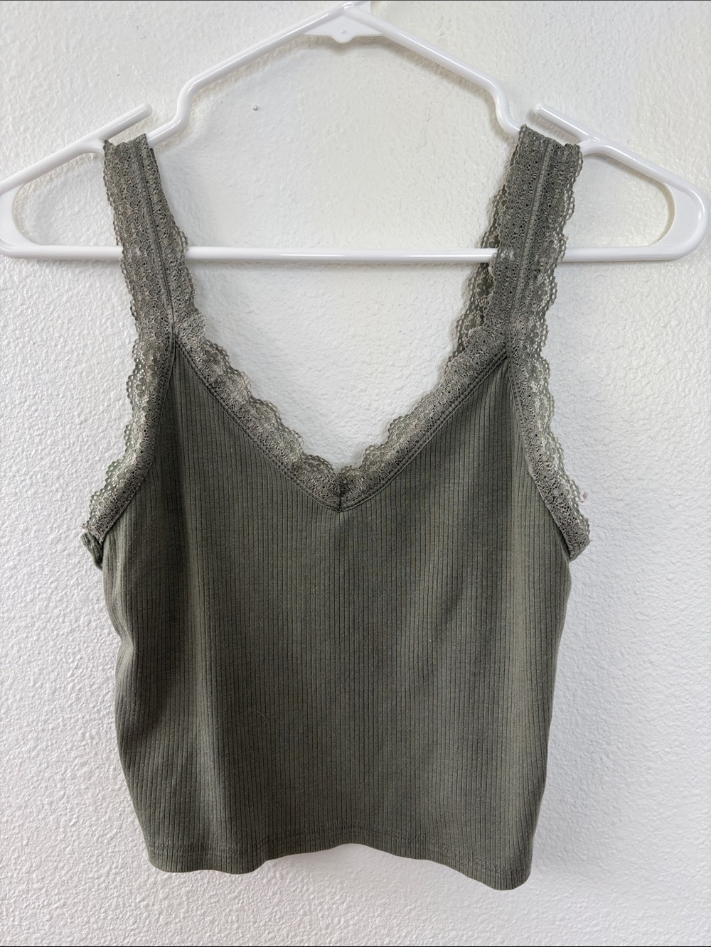 American Eagle Outfitters Olive Ribbed Lace-Trim Cami